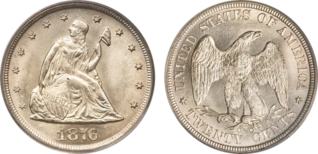 1876 twenty-cent piece: Liberty seated with a shield and pole, the same design as the quarter of the time