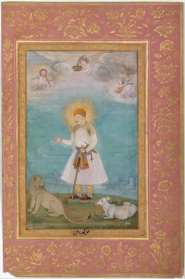 Mughal painting of the emperor Akbar, haloed, with a lion and a calf at his feet