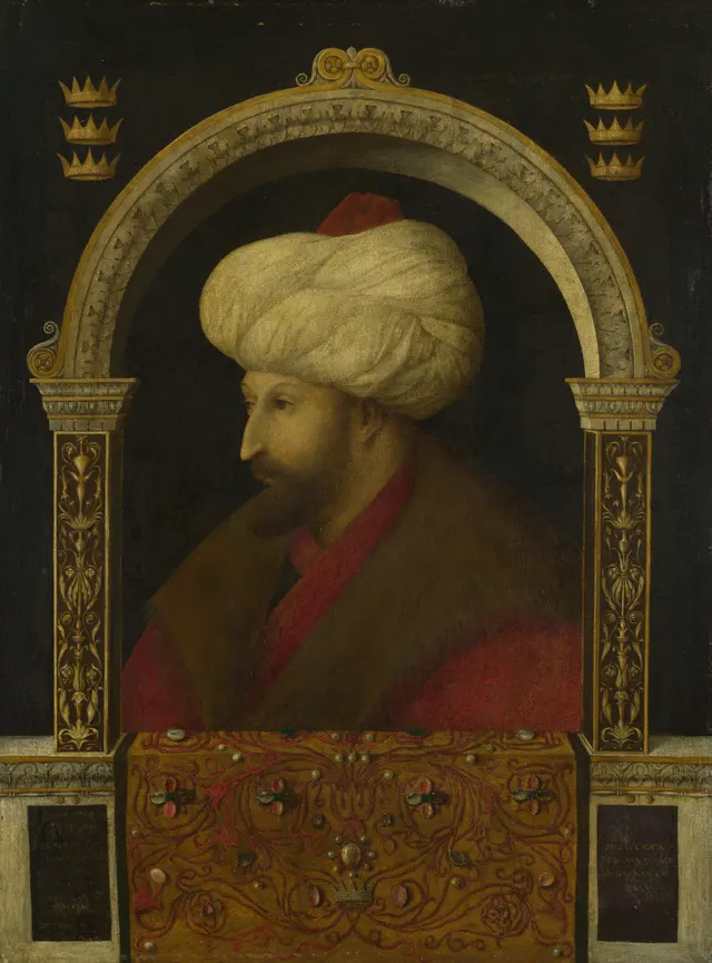 Portrait of Sultan Mehmed II in a turban under a stone arch, painted by Gentile Bellini in 1480