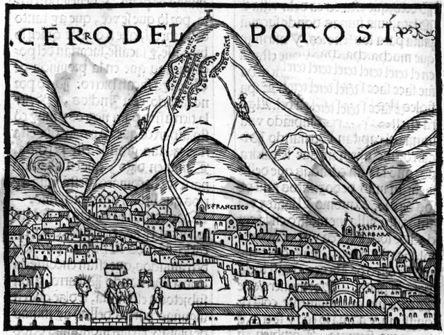 1553 woodcut of Cerro Rico, the silver mountain above Potosí, with the town and its churches at its foot