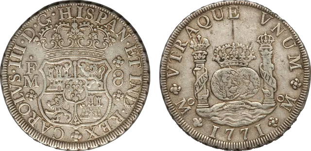 A 1771 Mexico City 8 reales pillar dollar, both sides: the crowned Spanish royal shield, and two crowned globes between the Pillars of Hercules with PLUS ULTRA banners