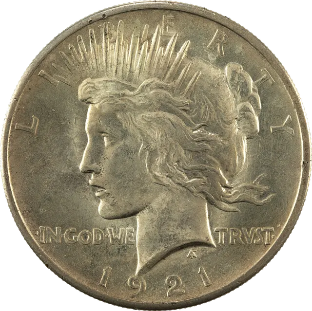 1921 Peace dollar: Liberty wearing a crown of rays, and on the back an eagle perched on a rock above the word PEACE