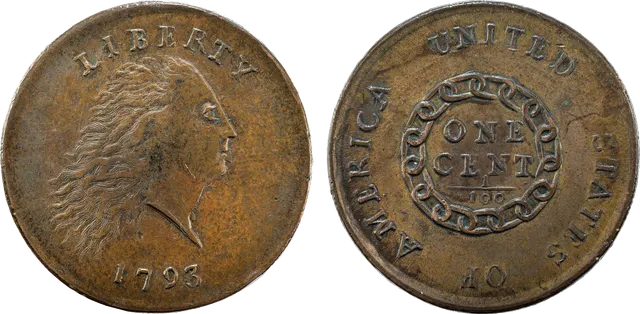 1793 Chain cent: a copper coin showing Liberty with flowing hair, and on the reverse a ring of linked chains around "ONE CENT"
