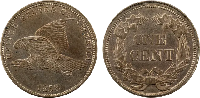 1858 Flying Eagle cent: an eagle in flight on the front and a wreath around "ONE CENT" on the back