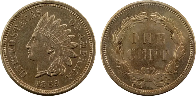 1859 Indian Head cent: Liberty in a feathered headdress, with a laurel wreath reverse