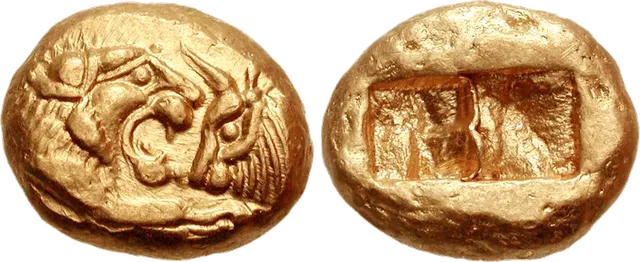 Gold croeseid struck at Sardis under Persian rule, about 545–520 BC: the foreparts of a lion and a bull facing each other, and two square punch marks