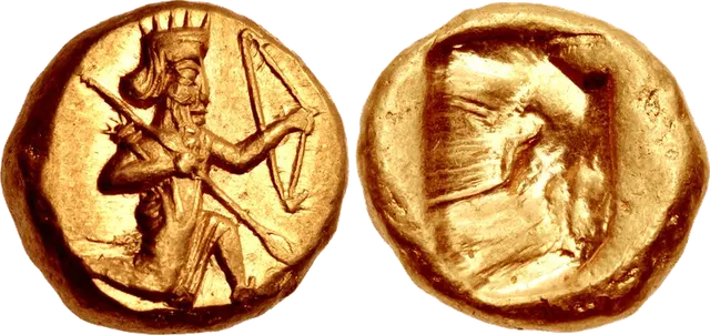 Gold daric of the Persian Empire, about 485–420 BC: the king in a running, kneeling pose with a spear and a bow, and a plain oblong punch mark on the back