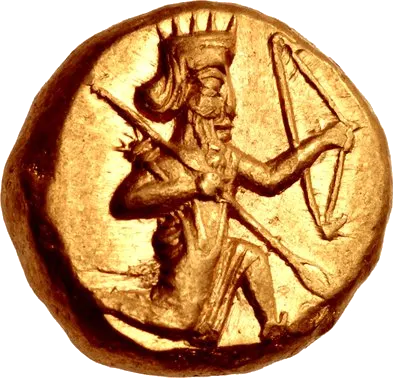 Gold daric of the Persian Empire, about 485–420 BC: the king in a running, kneeling pose with a spear and a bow, and a plain oblong punch mark on the back
