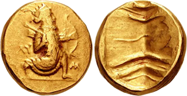 Gold double daric from the Babylon mint, about 322–315 BC, struck after Alexander's conquest: the Persian king running with a bow, and a ridged punch mark