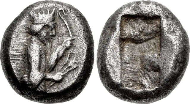Silver siglos from the reign of Darius I, about 520–505 BC: the crowned king from the waist up holding a bow and arrows, and an oblong punch mark