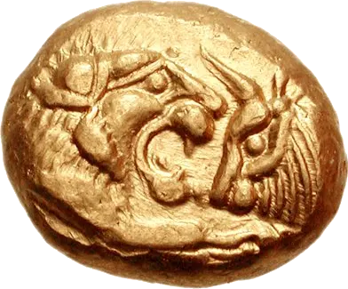 Gold croeseid struck at Sardis under Persian rule, about 545–520 BC: the foreparts of a lion and a bull facing each other, and two square punch marks