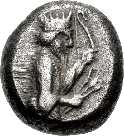 Silver siglos from the reign of Darius I, about 520–505 BC: the crowned king from the waist up holding a bow and arrows, and an oblong punch mark
