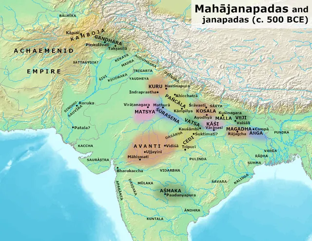 Map of northern India around 500 BC showing the Mahajanapadas, including Gandhara, Kuru, Kosala, Kashi, Magadha and Avanti