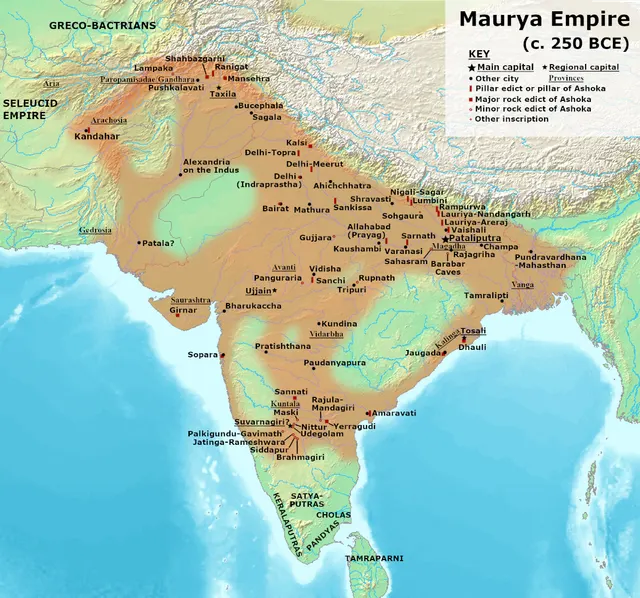 Map of the Maurya empire around 250 BC under Ashoka, stretching from Afghanistan to the Deccan