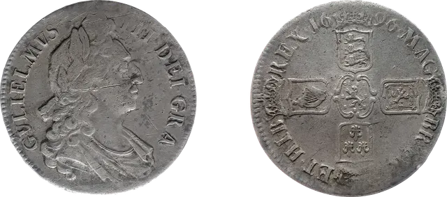 Obverse and reverse of a 1696 William III silver crown from the Great Recoinage