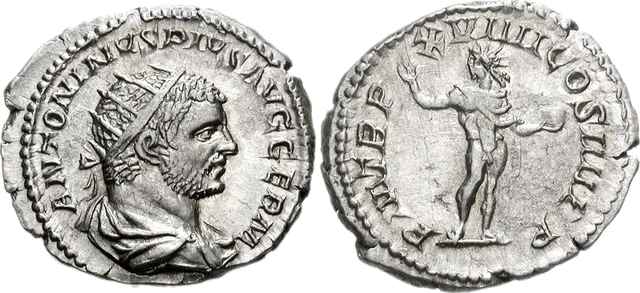 Silver antoninianus of Caracalla, AD 216, with a radiate portrait and the sun god Sol on the reverse