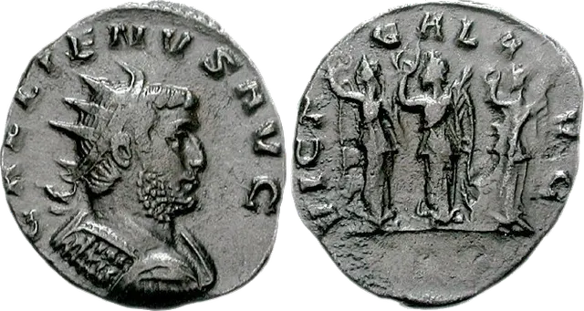 Debased antoninianus of Gallienus, about AD 260 to 262, showing how the silver coin had turned to bronze