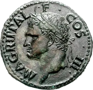 Copper as of Agrippa struck under Caligula, AD 37 to 41: Agrippa's head without a radiate crown