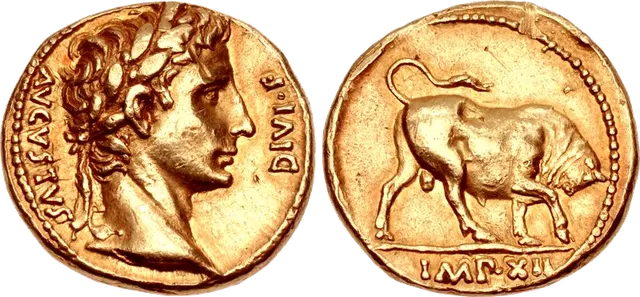 Gold aureus of Augustus struck at Lugdunum in 10 BC, with a butting bull on the reverse