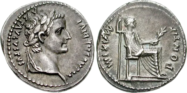 Silver denarius of Tiberius struck at Lugdunum, AD 15 to 18, with a seated female figure on the reverse, the type often called the tribute penny
