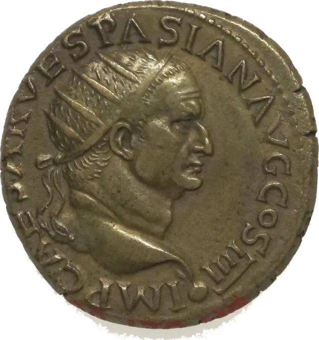 Brass dupondius of Vespasian showing the emperor wearing a spiked radiate crown