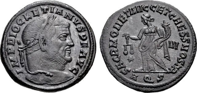 Bronze follis of Diocletian from Aquileia, AD 303, with Moneta, goddess of the mint, on the reverse