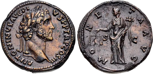 Brass sestertius of Antoninus Pius, AD 143: laureate portrait on the front, and on the back Moneta, goddess of the mint, holding scales and a cornucopia