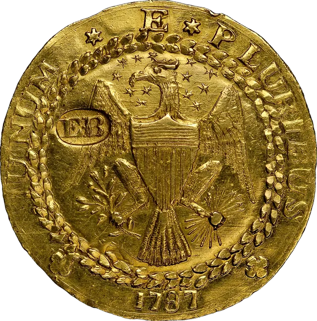 Gold 1787 Brasher doubloon with a heraldic eagle and shield and an oval EB punch on the eagle's wing