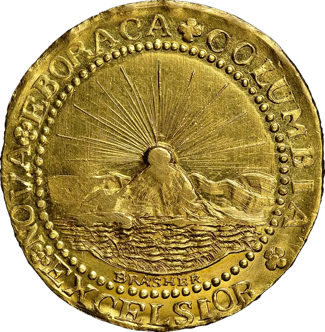 Reverse of the Brasher doubloon: the sun rising over a mountain and the sea, inside a Latin legend