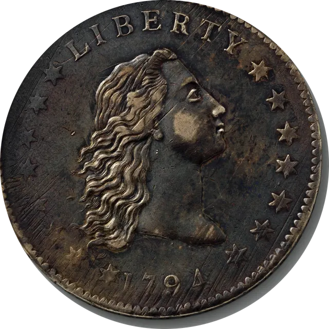 A toned silver 1794 dollar showing Liberty facing right with long flowing hair, ringed by stars