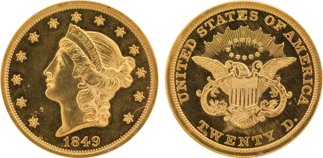 The unique 1849 gold double eagle: a coronet Liberty head dated 1849 and a heraldic eagle above "TWENTY D."