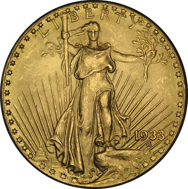 Obverse of a 1933 double eagle: Liberty striding forward with a torch and olive branch above the date 1933