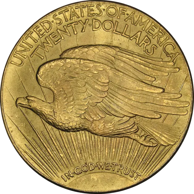 Reverse of a 1933 double eagle: an eagle in flight over a sunburst, with "United States of America" and "Twenty Dollars"