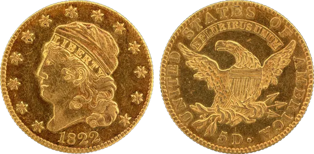 Both sides of the Smithsonian's gold 1822 five-dollar coin: a capped Liberty head and an eagle with a shield