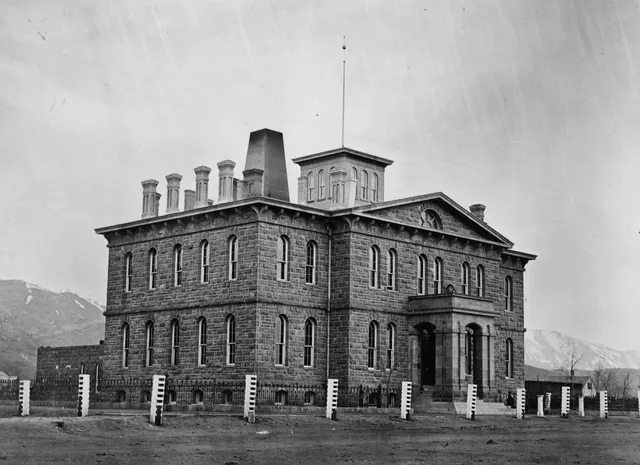 The stone US Mint building at Carson City, Nevada, photographed in the 1860s