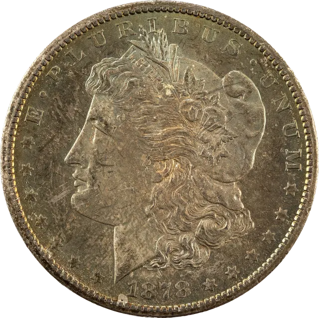 1878-CC Morgan silver dollar: Liberty's head in profile on the front, and an eagle with spread wings on the back