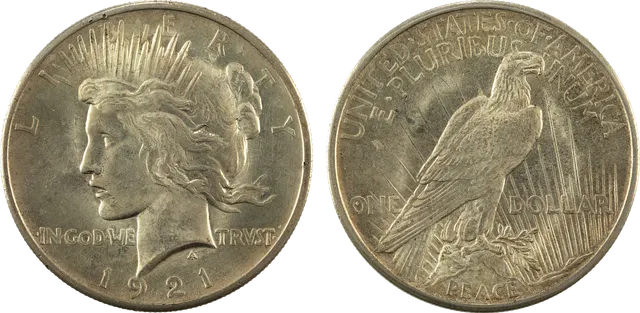 1921 Peace dollar: Liberty wearing a crown of rays, and on the back an eagle perched on a rock above the word PEACE