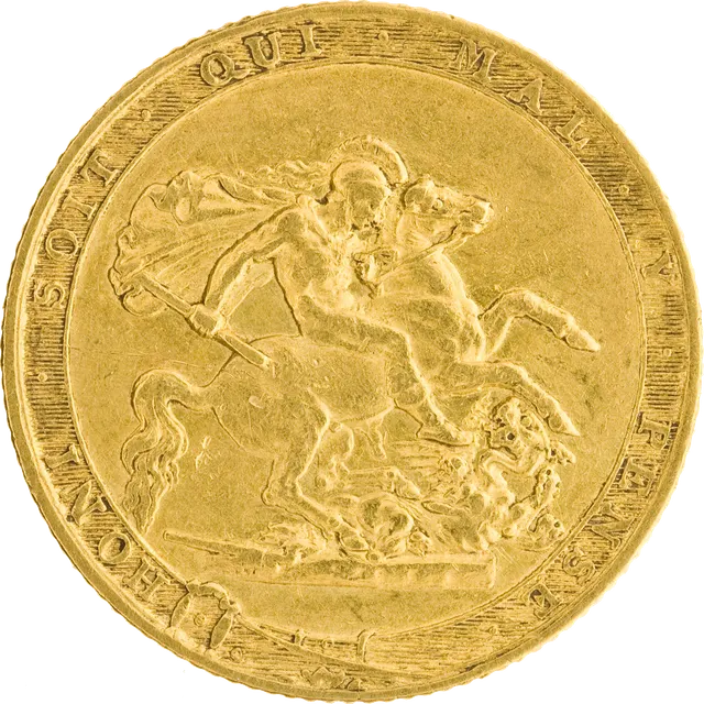 Pistrucci's St George slaying the dragon on the 1817 sovereign, inside the Garter and its motto