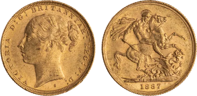 1887 Sydney Mint sovereign of Queen Victoria, with a small S mint mark below her neck and St George on the reverse