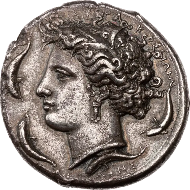 Silver decadrachm of Syracuse by the engraver Euainetos, with the nymph Arethusa surrounded by dolphins