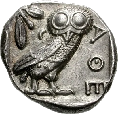 Back of a silver Athenian tetradrachm: an owl with an olive sprig and the letters ΑΘΕ, standing inside a sunken square
