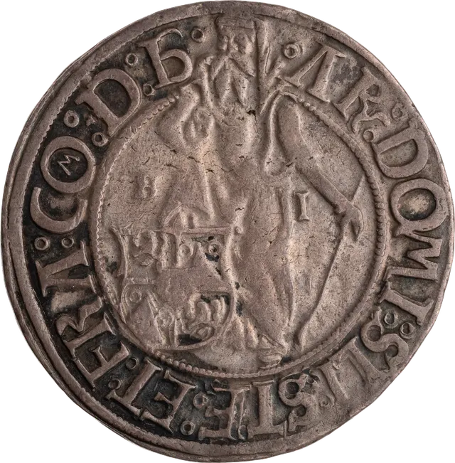 Silver Joachimsthaler of Count Stefan Schlick: St. Joachim standing beside the Schlick coat of arms