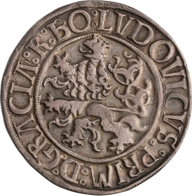Reverse of the Joachimsthaler: the rampant Bohemian lion with the name of King Louis II