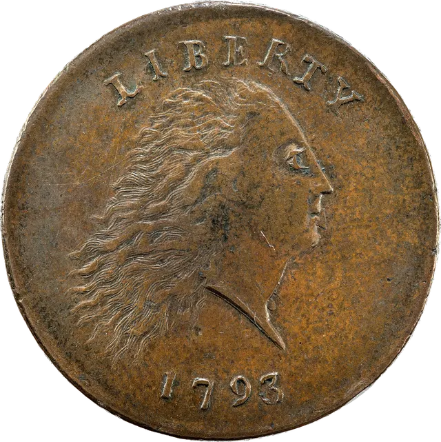 1793 chain cent: Liberty with flowing hair on the front, a ring of chain links on the back