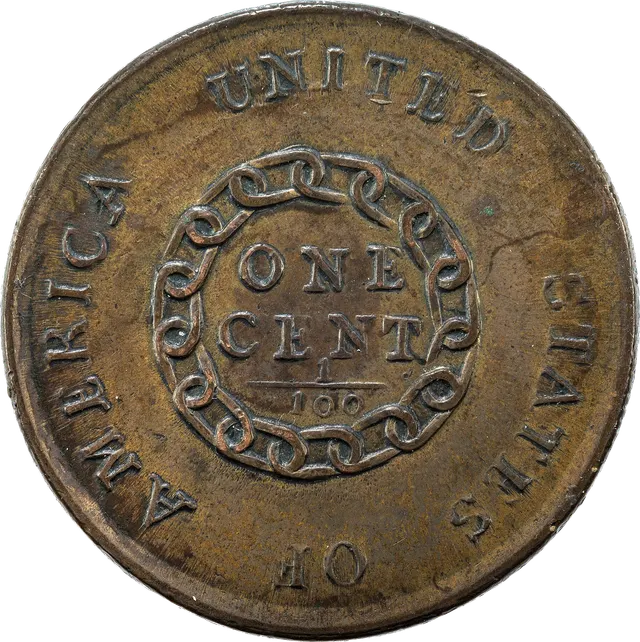 1793 chain cent: Liberty with flowing hair on the front, a ring of chain links on the back