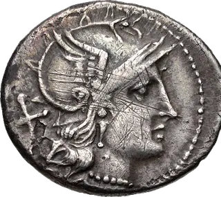 Roman Republican silver denarius, 194–190 BC, with the helmeted head of Roma