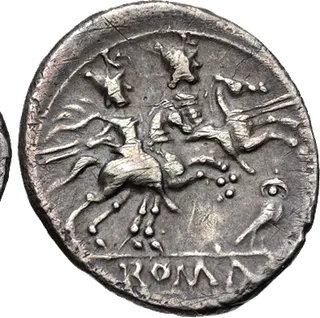 Roman Republican silver denarius, 194–190 BC, with the helmeted head of Roma