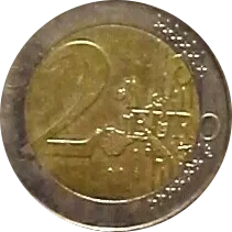 A 2 euro coin, cropped from a photo of a row of euro coins from 1 cent to 2 euros