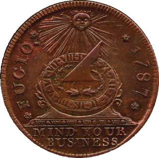 1787 Fugio cent with a sundial, the sun and the words "Mind your business"