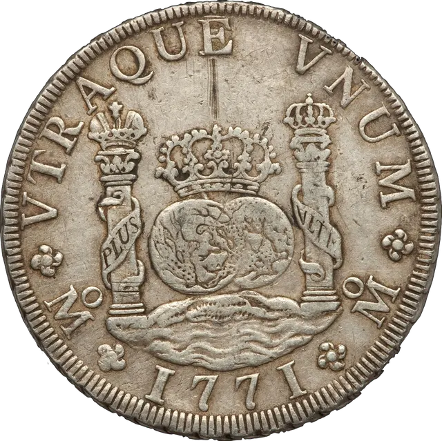 Spanish 8 reales pillar dollar, Mexico City 1771: two globes between the Pillars of Hercules, and the royal arms